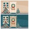 Christmas doors and windows with fir tree and Christmas decorations