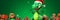 Christmas dragon in a Santa hat, surrounded by gifts. Happy green dinosaur in the style of unreal engine, New Year symbol