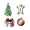 Christmas drawings on a white background. Christmas tree. Cookie in the form of man. Gift. Christmas ball. Painted by hand,