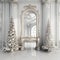 Christmas Dreamy romantic white room with fireplace, elegant , white and gold