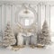 Christmas Dreamy romantic white room with fireplace, elegant , white and gold