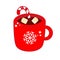 Christmas drink in cozy mug. Cup of hot cocoa with candy cane and marshmallow for New Year menu and other design