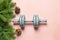 Christmas dumbbells flat lay with pine branches. New Year new you, concept of sport, winter sale season, healthy lifestyle, gym