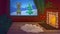 Christmas e-card with cozy fireplace and window with funny dancing deer and shiny Christmas tree. Christmas background