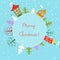 Christmas earth holiday background. Round Banner with trees, cartoon houses and snowman.