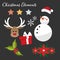 Christmas element collection in flat design with snowman, Santa hat, star, reindeer,Christmas flower, holly berries and gift box.