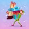 Christmas Elf Boy Cartoon Character Santa Helper Hold Many Present Box