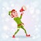 Christmas Elf Boy Cartoon Character Santa Helper Hold Megaphone Loudspeaker