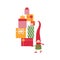 Christmas elf carries boxes with gifts. Cute new year illustration