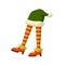 Christmas elf feet in striped socks flat vector illustration. Santa helper with green new year hat. Xmas folklore
