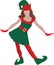 Christmas elf girl is a cheerful fairy-tale person dressed up in a beautiful suit with a cap and Slippers skorokhody