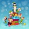 Christmas Elf Group Cartoon Character Santa Helper With Present Box Stack