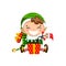 Christmas elf laughing and surprised by jack in the box. Vector illustration