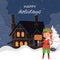 Christmas elf on night winter landscape with cartoon cottage house with light in windows vector cartoon illustration
