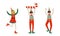 Christmas Elf with Pointy Ears and Hat as Santa Helper Cheering and Holding Candy Cane Vector Set