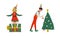 Christmas Elf with Pointy Ears and Hat as Santa Helper Sitting on Gift Box and Hanging Bauble on Fir Tree Vector Set