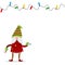 Christmas elf putting up Christmas lights vector illustration background