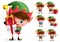 Christmas elf vector character set. Boy elves with green costume holding gifts