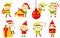 Christmas elves. Collection of cute Santa`s helpers holding gifts. Cartoon characters for new Year greeting design