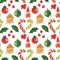 Christmas Elves Factory pattern with candy canes, holly and glass baubles