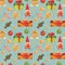 Christmas Elves Factory pattern with gingerbread and lollipops and gifts on a ligh blue