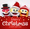 Christmas emoji characters vector template. Merry christmas greeting text in empty space with santa claus, snowman and smiley.