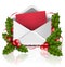 Christmas envelope with red letter paper, holly plant leaf, red berry and red ribbon