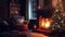 Christmas eve cozy mood in classic decorated living room with fireplace, christmas tree, candles and gifts. AI Generative