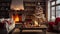 Christmas eve cozy mood in classic decorated living room with fireplace, christmas tree, candles and gifts. AI Generative