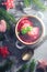 Christmas Eve red borscht dumplings Decorated table cutlery green twigs