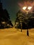 Christmas evening winter landscape with vintage lampposts