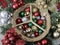 Christmas evergreen wreath, wicker peace basket, sparkly CHristmas balls