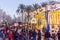 Christmas fair with carousel on Modernisme Plaza of the City Hall of Valencia, Spain.