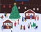 Christmas fair flat vector illustration. Winter holidays outdoor celebration. People buying hot drinks outside. New Year