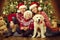 Christmas family with dog, happy father mother child portrait