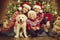 Christmas Family and Dog Under Xmas Tree, Happy Mother Father Child Portrait in Red Hats