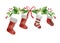 Christmas family print concept with watercolor stocking for four. Red and green fireplace socks xmas collection. Decoration family