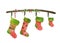 Christmas family print concept with watercolor stocking for four. Red and green fireplace socks xmas collection. Decoration family