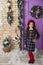 Christmas fashion outfit. Child cute girl ready meet christmas and new year. Winter holidays concept. Girl small kid