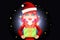 Christmas female cute woman cartoon surprised girl hold light gift box in hands new year pile of gifts background flat