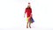 Christmas female shopper holding multicolored shopping bags on white background in studio. Let`s go holiday shopping