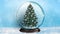 Christmas festive background. Winter snowy shiny  backdrop. Glass snow globe with Christmas tree