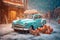 christmas festive car holiday snow candy merry winter gift retro. Generative AI.