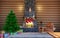 Christmas festive decorations. Room interior in log cabin building with stone fireplace. Christmas living room interior