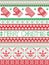 Christmas and festive winter seamless pattern in cross stitch with mittens ,heart, angel, ornaments in red, green