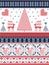 Christmas and festive winter seamless pattern in cross stitch with Xmas trees, snowflakes, Reindeer, stars, hearts in red, blue