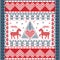 Christmas and festive winter square pattern in cross stitch style with Xmas tree, reindeer, hearts, snowflakes, stars