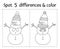 Christmas find differences and color game for children. Winter educational activity with funny snowman. Printable worksheet with