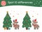 Christmas find differences game for children. Holyday festive preschool activity with little deer and fir tree. New Year puzzle