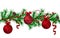 Christmas fir garland seamless pattern, red metallic shiny christmas balls and ribbons, cones, candy cane, red berries.